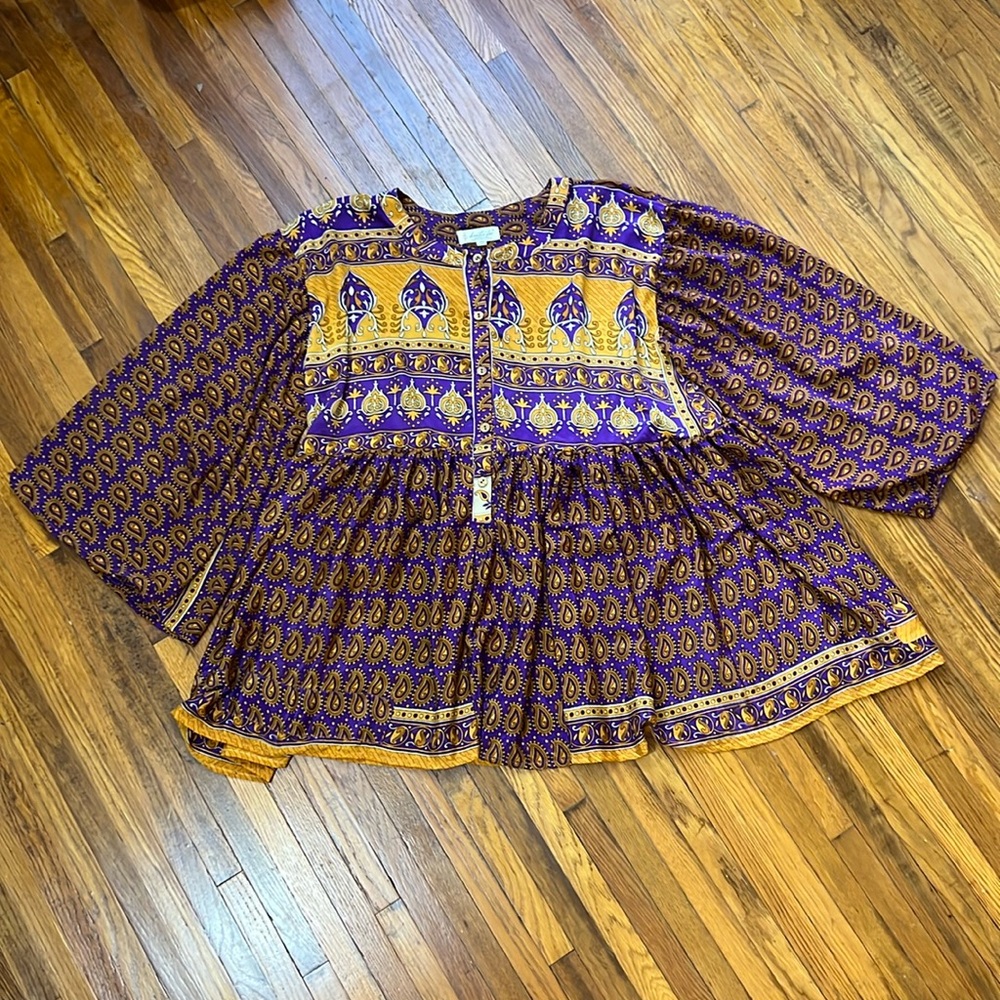 Kantha Bae purple & gold silk Phoenix tunic dress